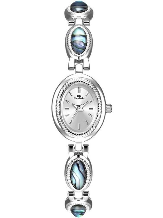 Women\'s Silver Vintage Bracelet Elegant Jade Oval Dial Quartz Dress Wrist Watch